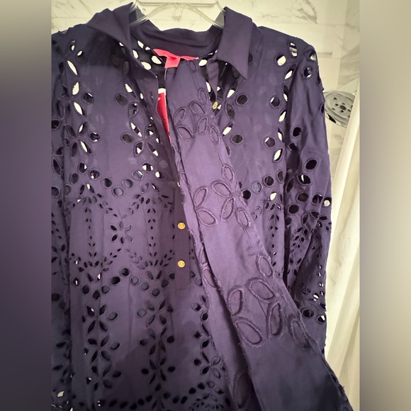 Lilly Pulitzer Zia Eyelet Midi Shirtdress Navy Blue Size 10 - Picture 7 of 11